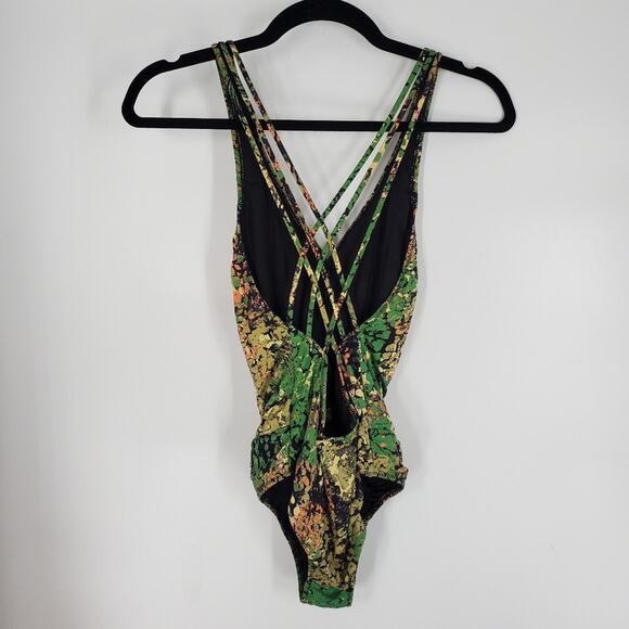 Insight Green Multi Print Strappy Open Back Once Piece Swimsuit 4 - Picture 3 of 7